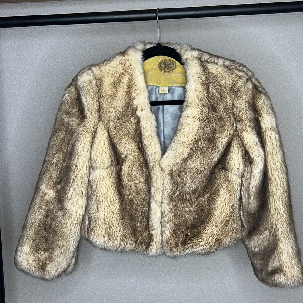 Idra Anthropologie size 6 Faux Fur Bolero Crop velvet trim Jacket
